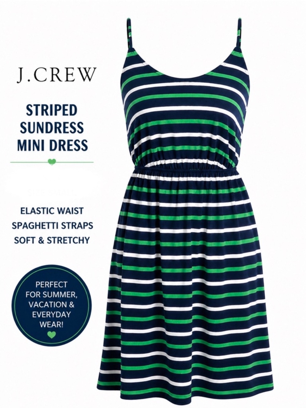 J. Crew Navy, White & Green Striped Spaghetti Strap Sundress